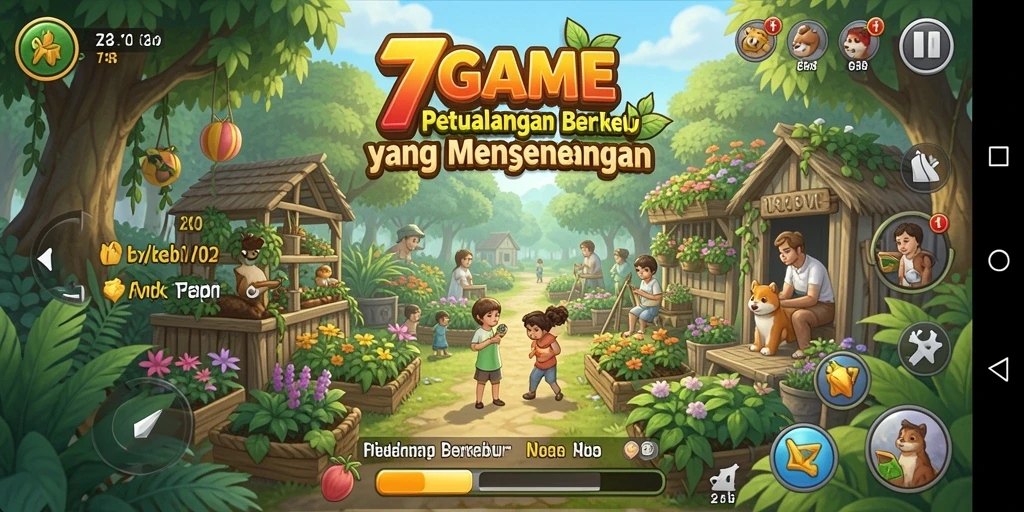 Screenshot gameplay yang menampilkan kebun yang indah di 7GAME.