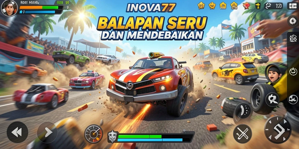 Screenshot gameplay <strong>INOVA77</strong> menunjukkan aksi balapan yang mendebarkan.