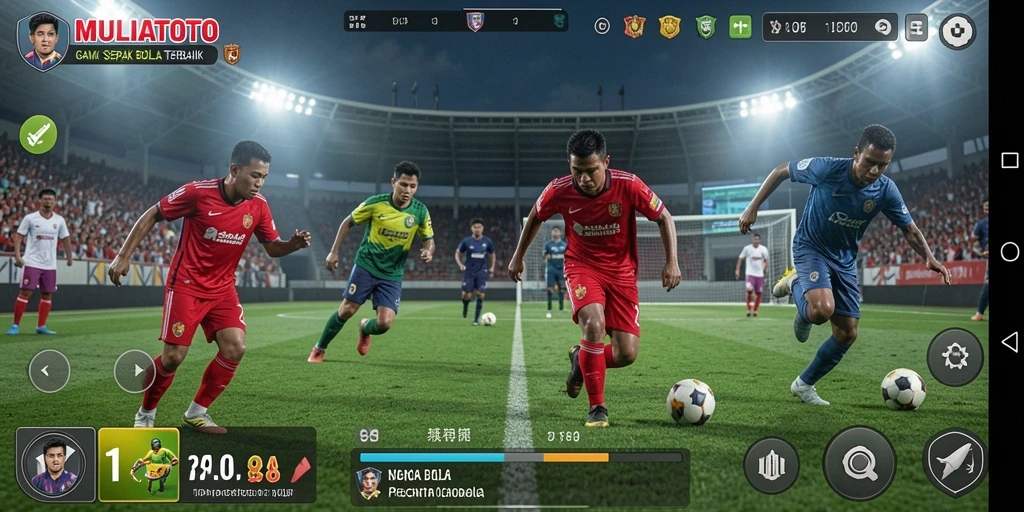 Screenshot gameplay MULIATOTO menampilkan aksi seru di lapangan sepak bola.