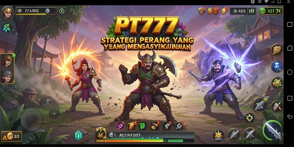 Screenshot gameplay PT777 memperlihatkan pertempuran intens dan pembangunan kerajaan.