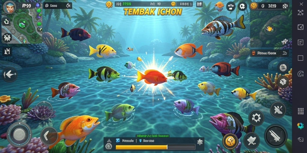 Screenshot tampilan gameplay RP99 yang seru saat menembak ikan.