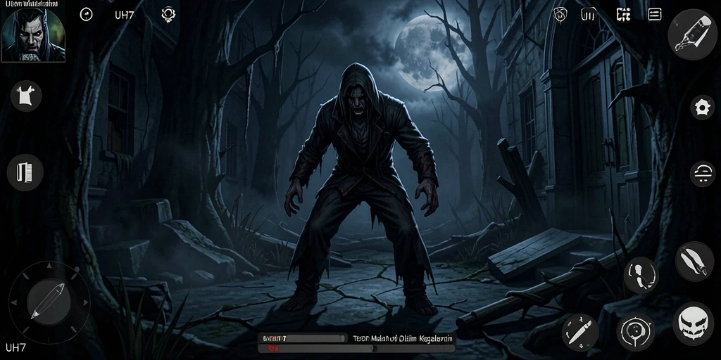 Tangkapan layar gameplay UH77 menunjukkan atmosfer horor yang mencekam.